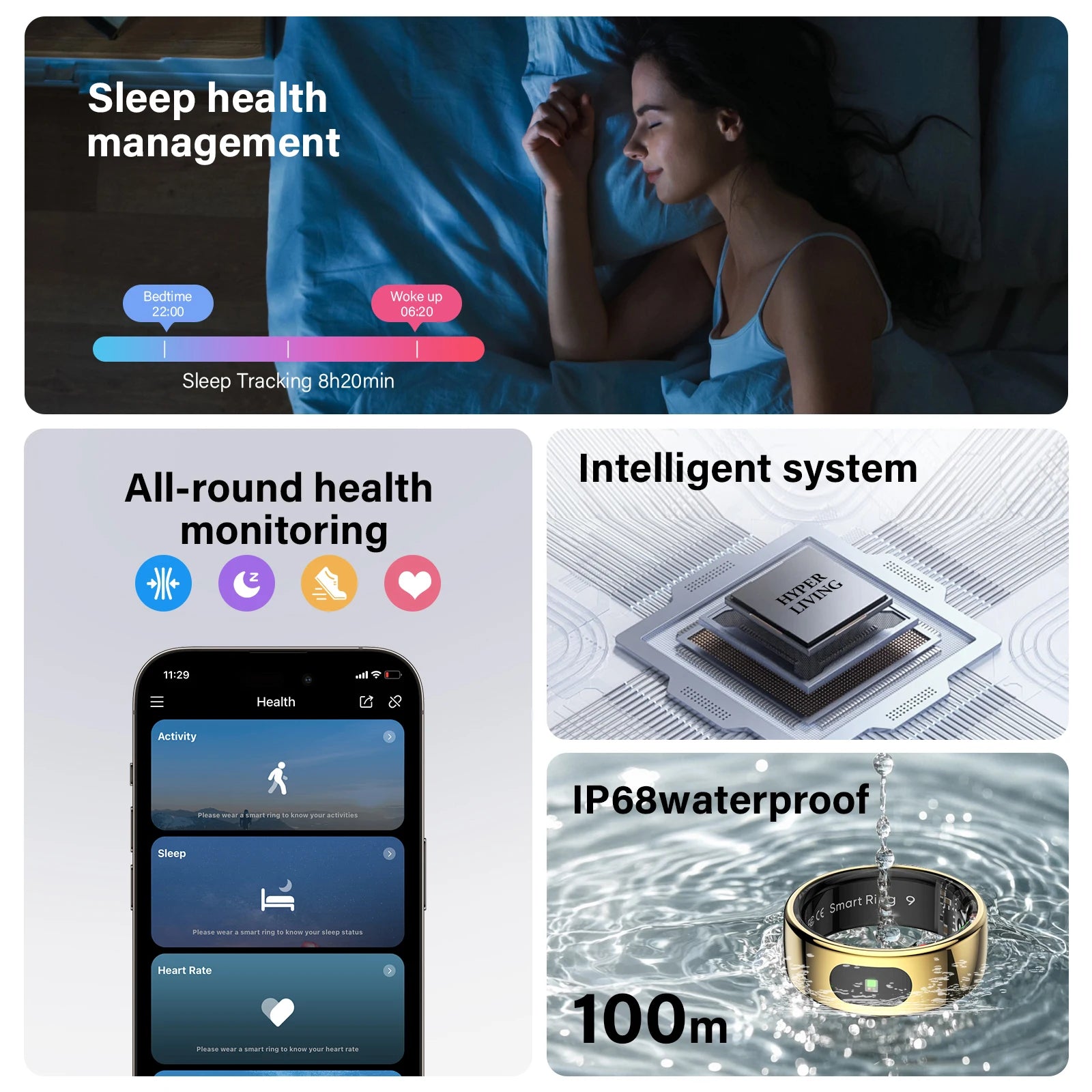 Tech Gear Accessories: NEW R08 Unisex Smart Ring with Charging Case Health and Sleep Monitor 5ATM Waterproof Multi Sport Mode Heart Rate Monitoring / Rungear