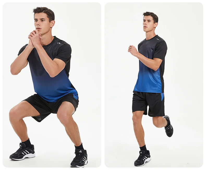 Men Active Quick Dry Crew Neck T Shirts and Shorts Set Athletic Workout Short Sleeve Clothes Basketball Running Gym Sports Suit