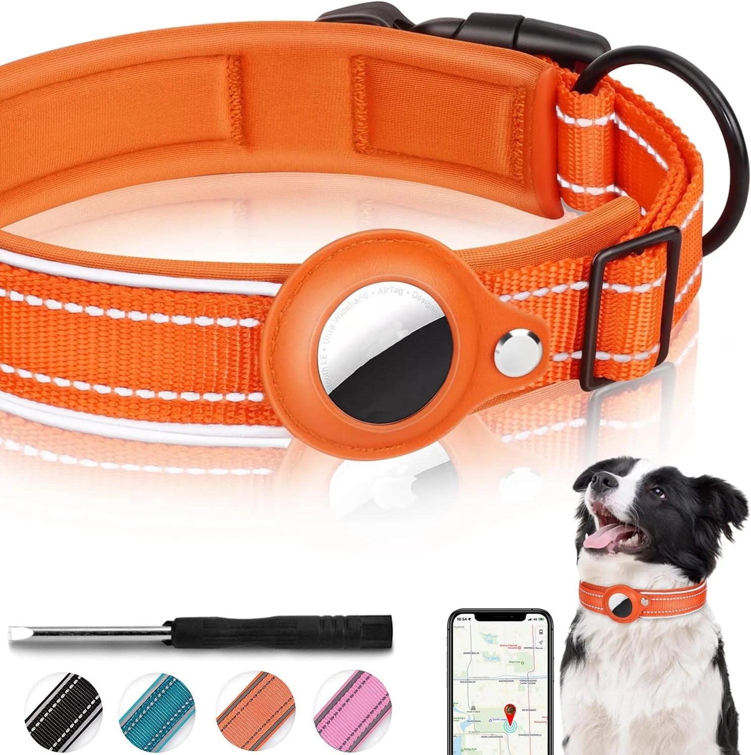 Reflective Heavy Duty Dog Collar with Adjustable AirTag Holder For Small To Medium Dogs
