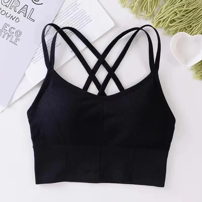 Women's Cross Back Strap Tank Top Push Up Sports Bra Breathable Solid Color Bra