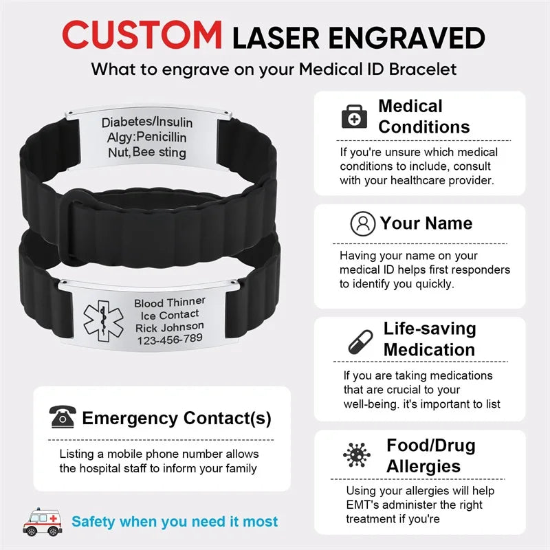 Unisex Custom Silicone Personalized Medical Emergency ID Bracelet