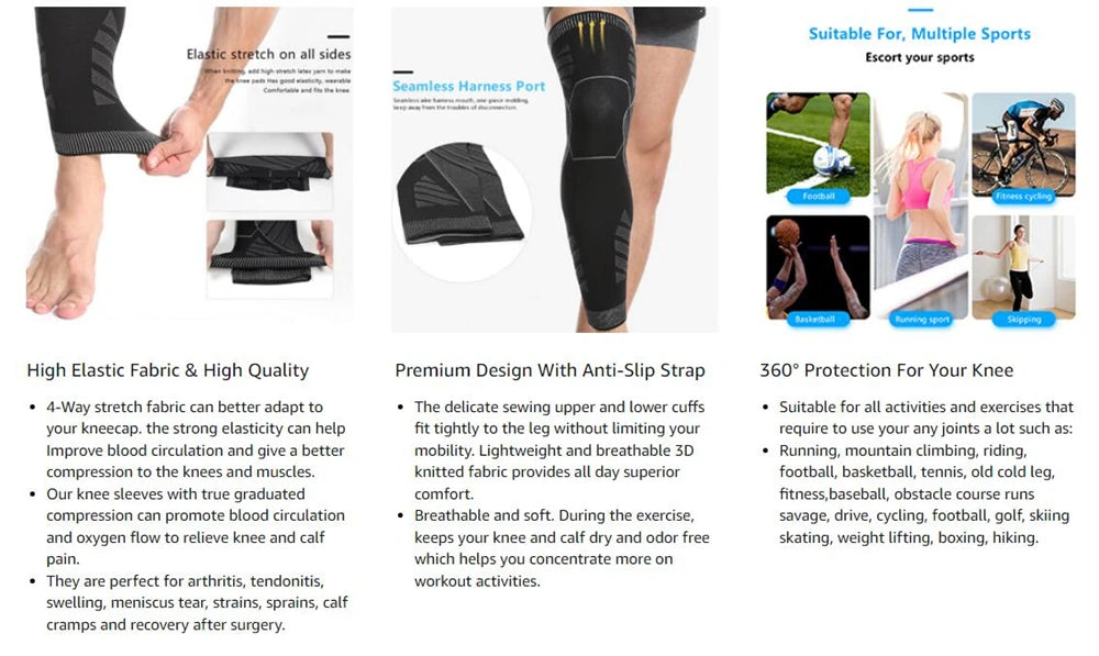 Long Full Leg Sports Brace Support Compression Sleeves For Knee Pain Relief